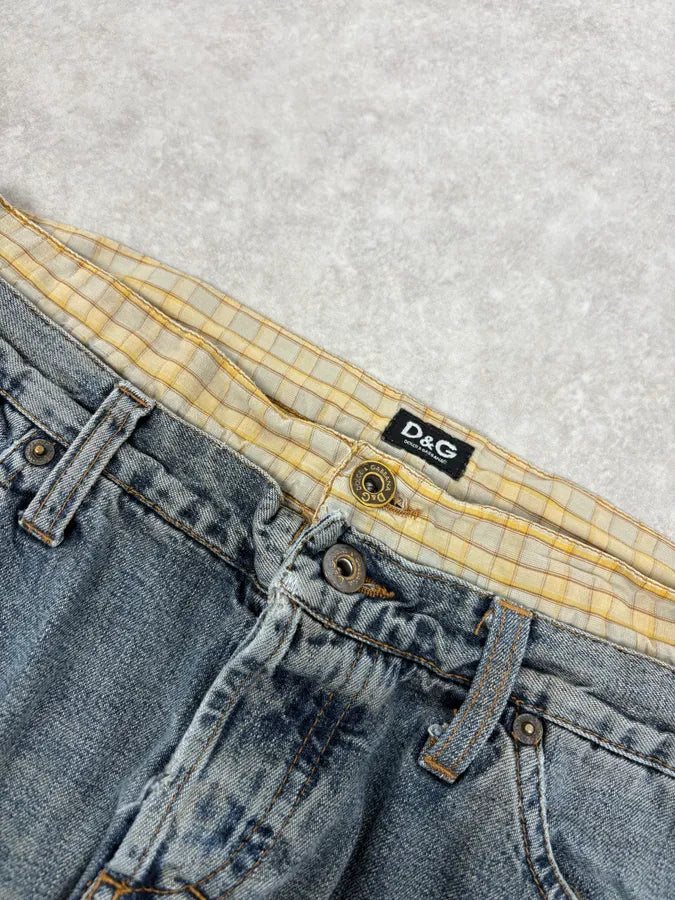 SS2006 Dolce & Gabbana Double Layer Yellow Tartan Blue Denim Cargo Jeans yYBxcGU 4