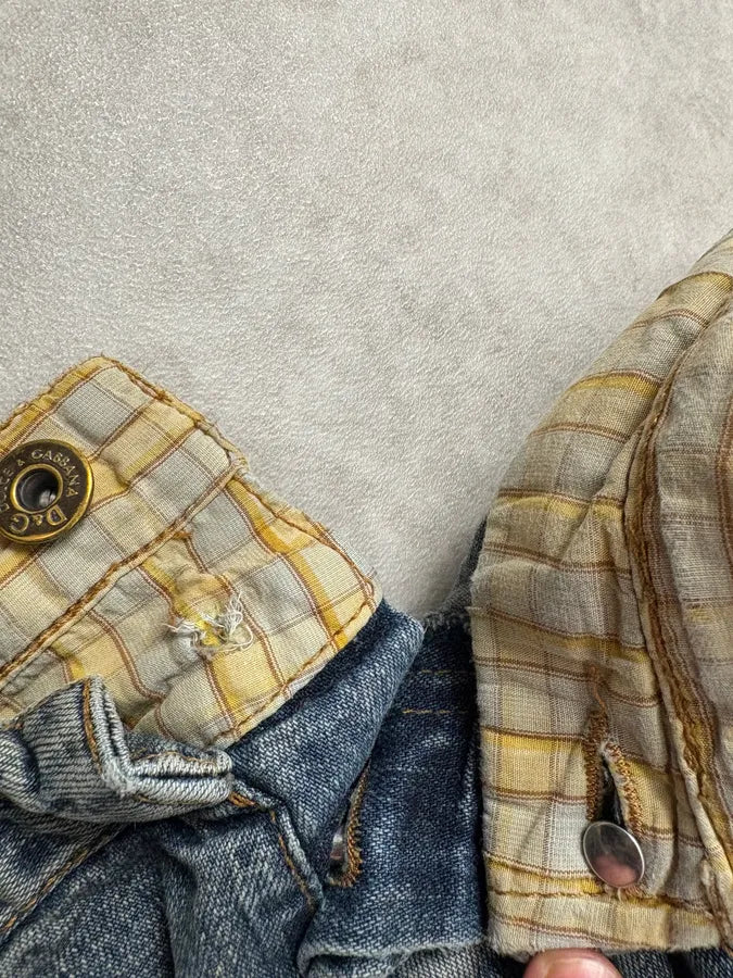 SS2006 Dolce & Gabbana Double Layer Yellow Tartan Blue Denim Cargo Jeans yYBxcGU 7