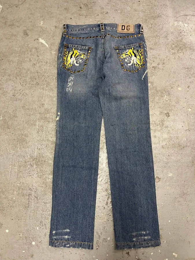 SS2006 Dolce & Gabbana Embellished Blue Tiger Jeans (M/L) hcgGgxu 0