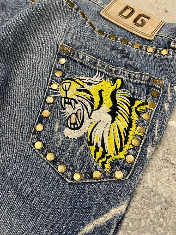 SS2006 Dolce & Gabbana Embellished Blue Tiger Jeans (M/L) hcgGgxu 6