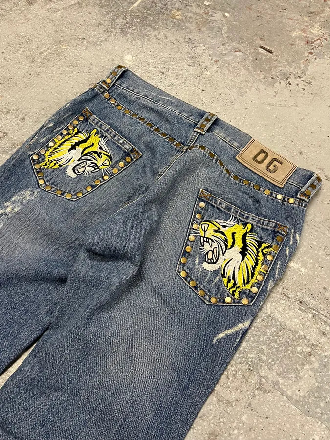 SS2006 Dolce & Gabbana Embellished Blue Tiger Jeans (M/L) hcgGgxu 9