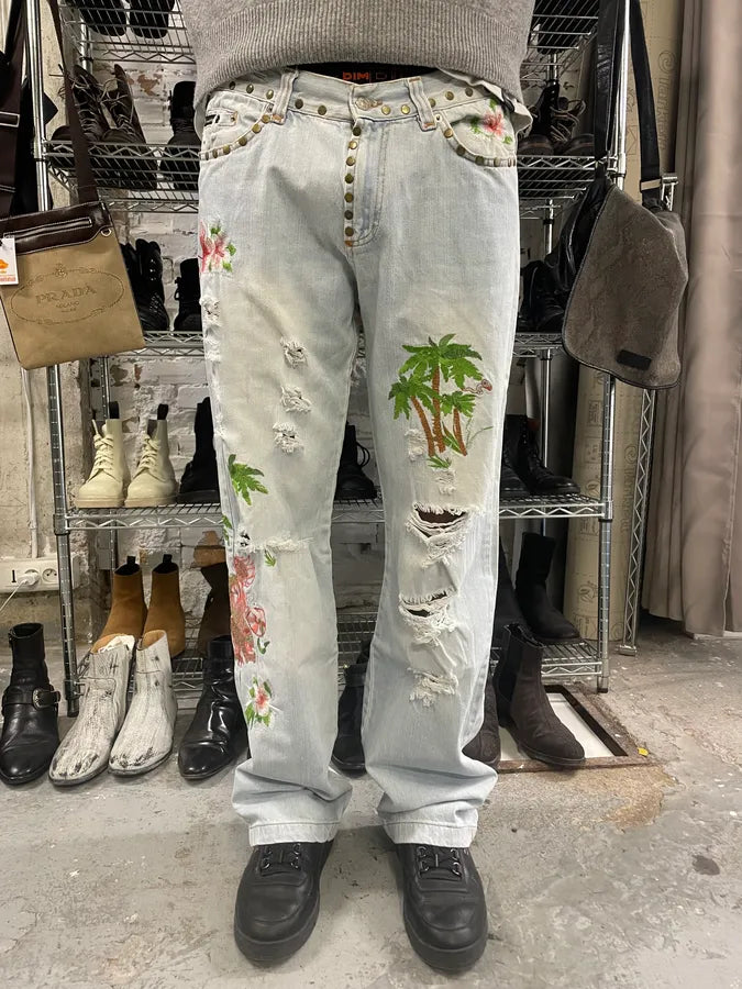 SS2006 Dolce & Gabbana Embroidered Honolulu Blue Distressed Jeans (M/L) euSEVjI 0