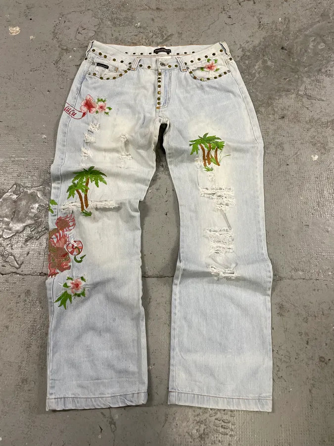 SS2006 Dolce & Gabbana Embroidered Honolulu Blue Distressed Jeans (M/L) euSEVjI 1