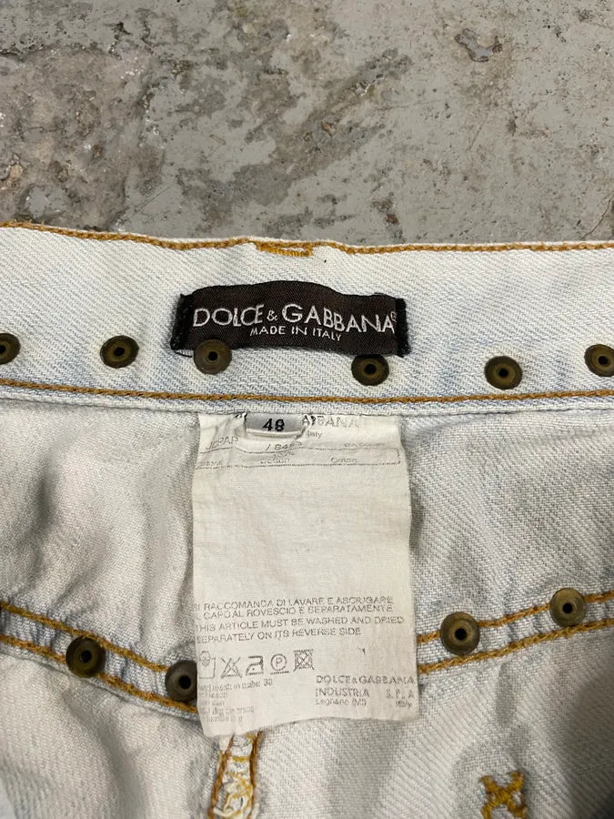 SS2006 Dolce & Gabbana Embroidered Honolulu Blue Distressed Jeans (M/L) euSEVjI 12