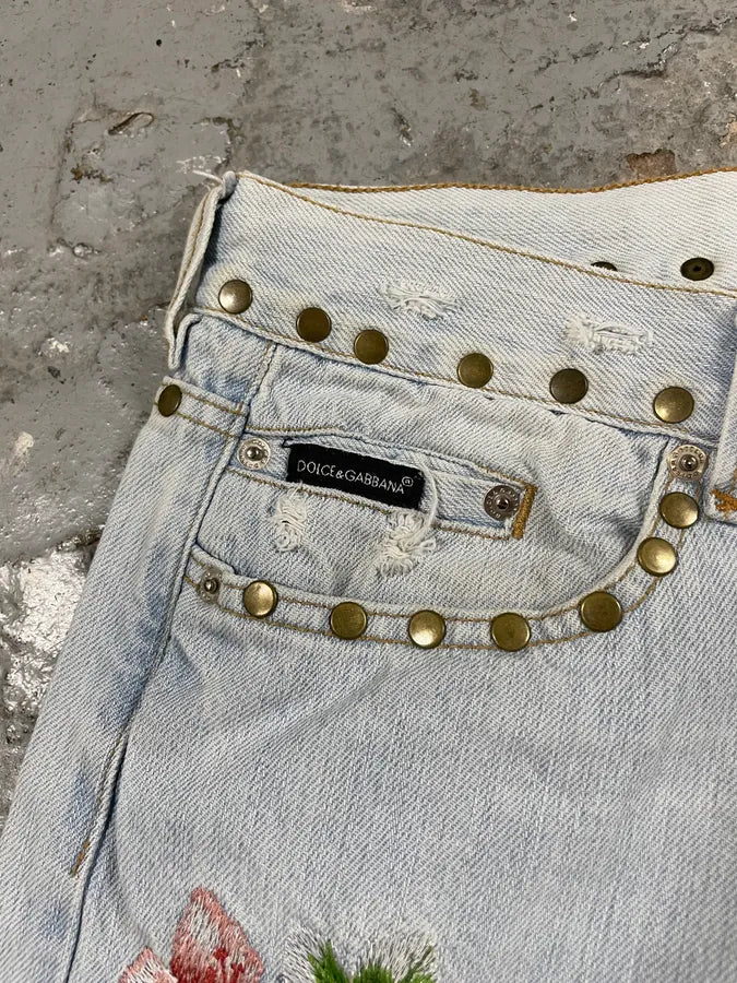 SS2006 Dolce & Gabbana Embroidered Honolulu Blue Distressed Jeans (M/L) euSEVjI 13