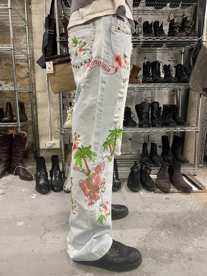 SS2006 Dolce & Gabbana Embroidered Honolulu Blue Distressed Jeans (M/L) euSEVjI 2