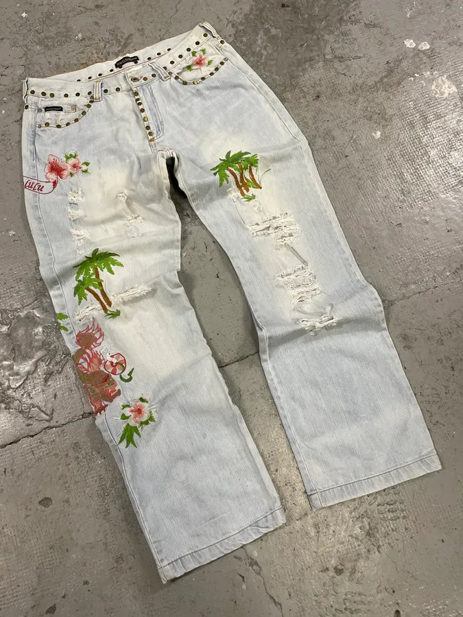 SS2006 Dolce & Gabbana Embroidered Honolulu Blue Distressed Jeans (M/L) euSEVjI 4