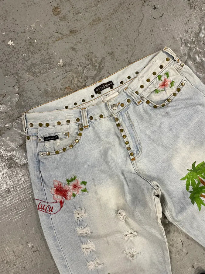 SS2006 Dolce & Gabbana Embroidered Honolulu Blue Distressed Jeans (M/L) euSEVjI 5
