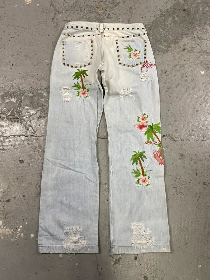 SS2006 Dolce & Gabbana Embroidered Honolulu Blue Distressed Jeans (M/L) euSEVjI 6