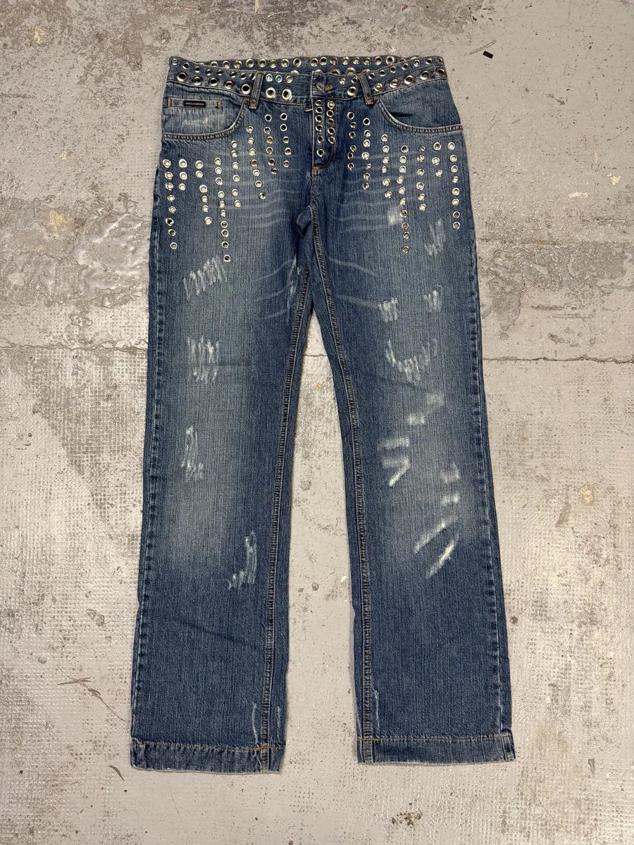 SS2006 Dolce & Gabbana Eyelet Distressed Blue Denim Jeans JMQvqcC 0
