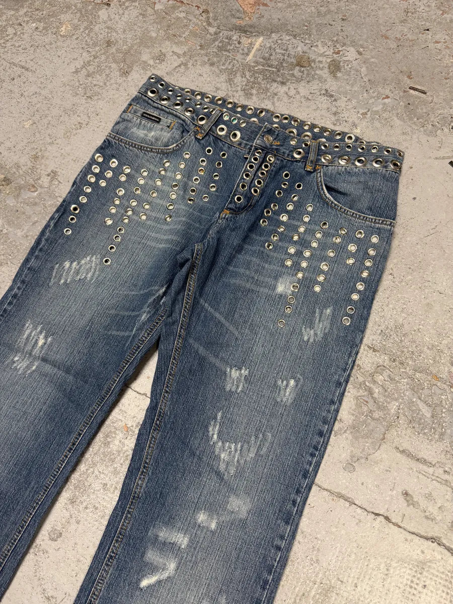 SS2006 Dolce & Gabbana Eyelet Distressed Blue Denim Jeans JMQvqcC 10