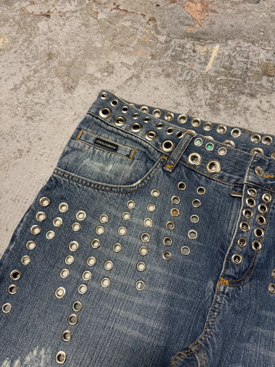 SS2006 Dolce & Gabbana Eyelet Distressed Blue Denim Jeans JMQvqcC 11