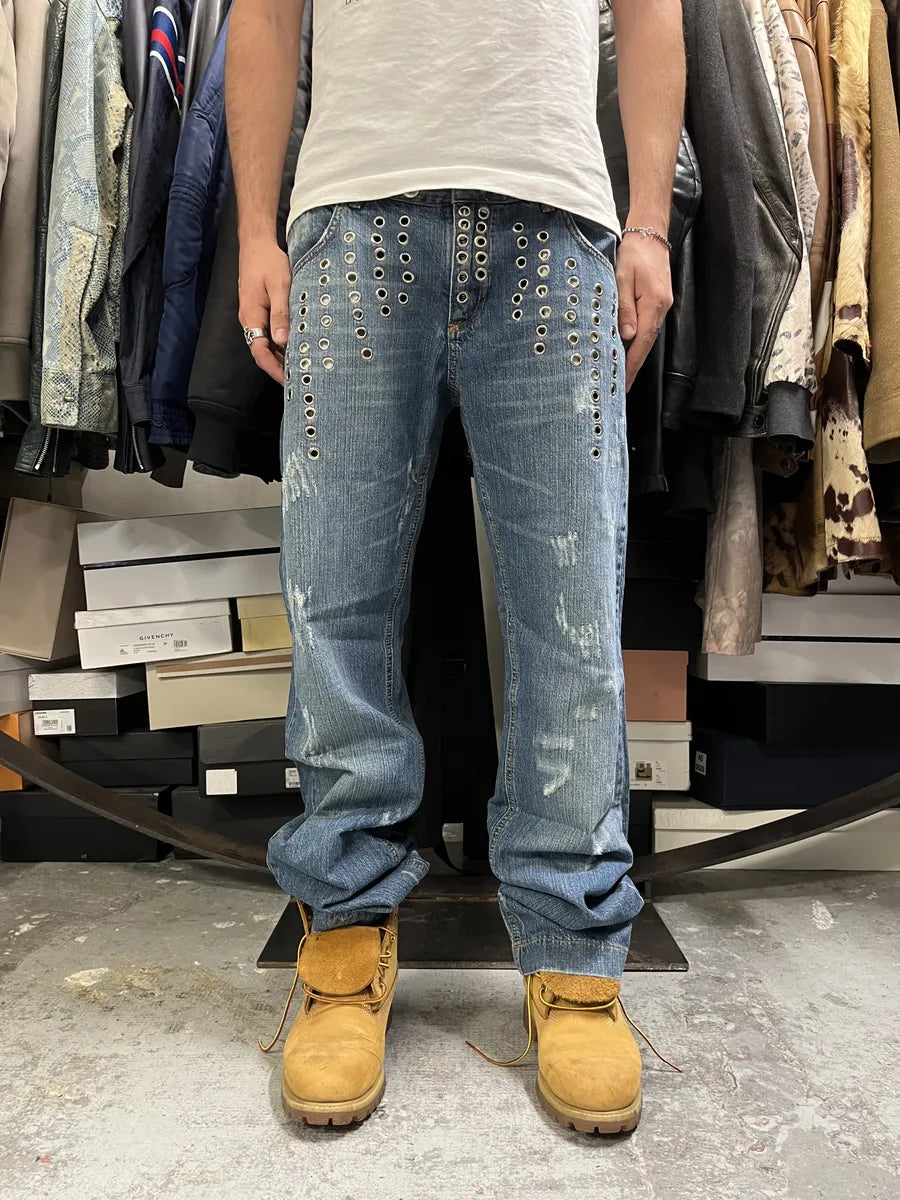 SS2006 Dolce & Gabbana Eyelet Distressed Blue Denim Jeans JMQvqcC 2