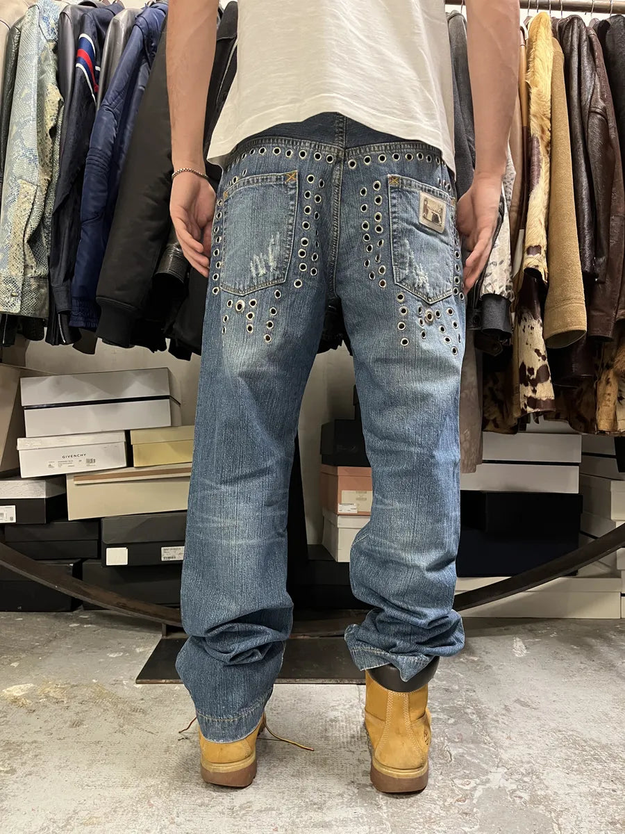 SS2006 Dolce & Gabbana Eyelet Distressed Blue Denim Jeans JMQvqcC 3