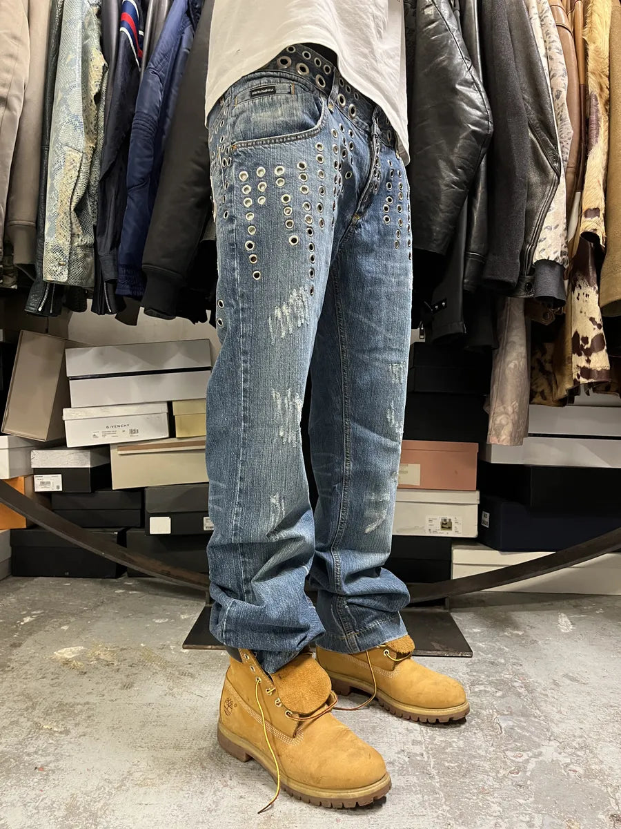 SS2006 Dolce & Gabbana Eyelet Distressed Blue Denim Jeans JMQvqcC 4