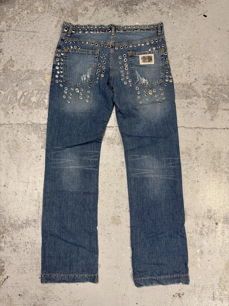 SS2006 Dolce & Gabbana Eyelet Distressed Blue Denim Jeans JMQvqcC 5