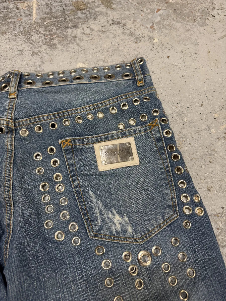 SS2006 Dolce & Gabbana Eyelet Distressed Blue Denim Jeans JMQvqcC 6