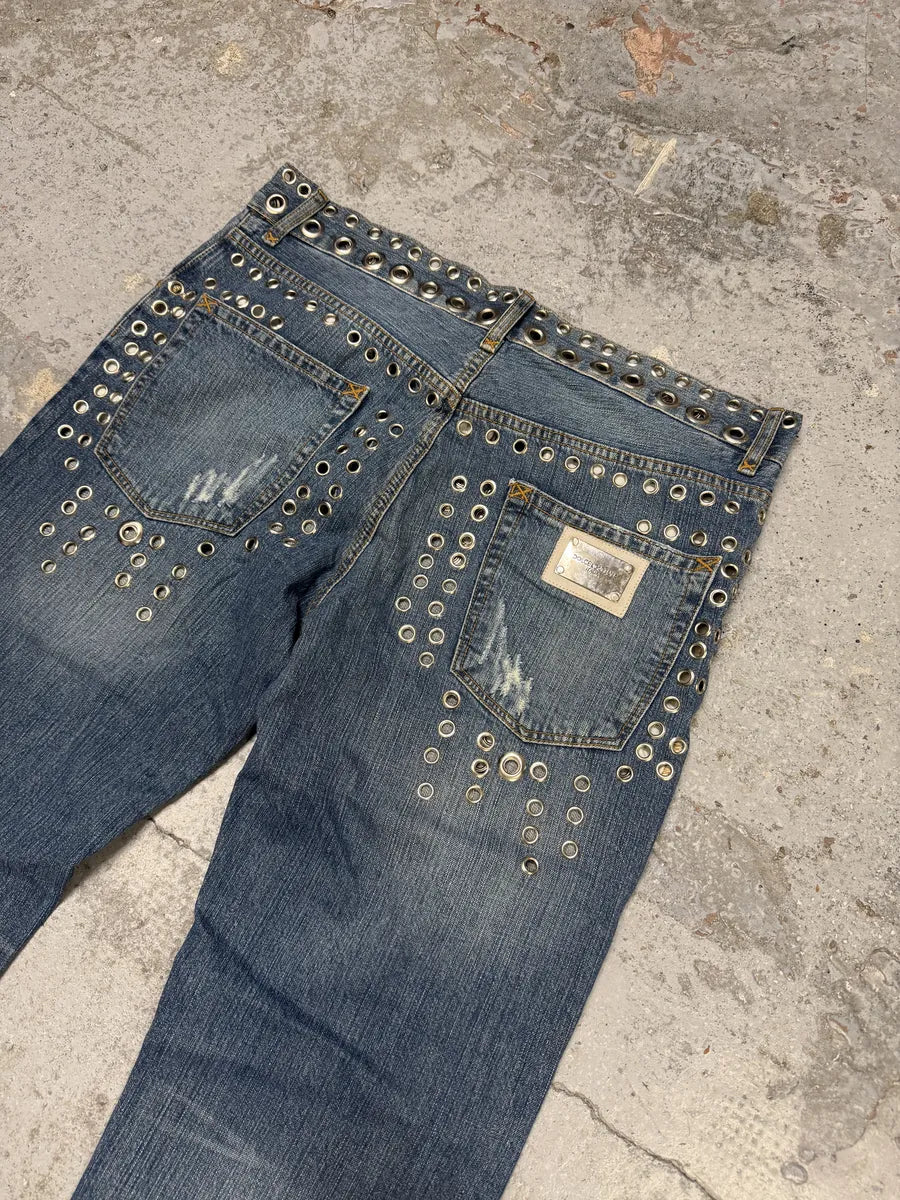 SS2006 Dolce & Gabbana Eyelet Distressed Blue Denim Jeans JMQvqcC 7