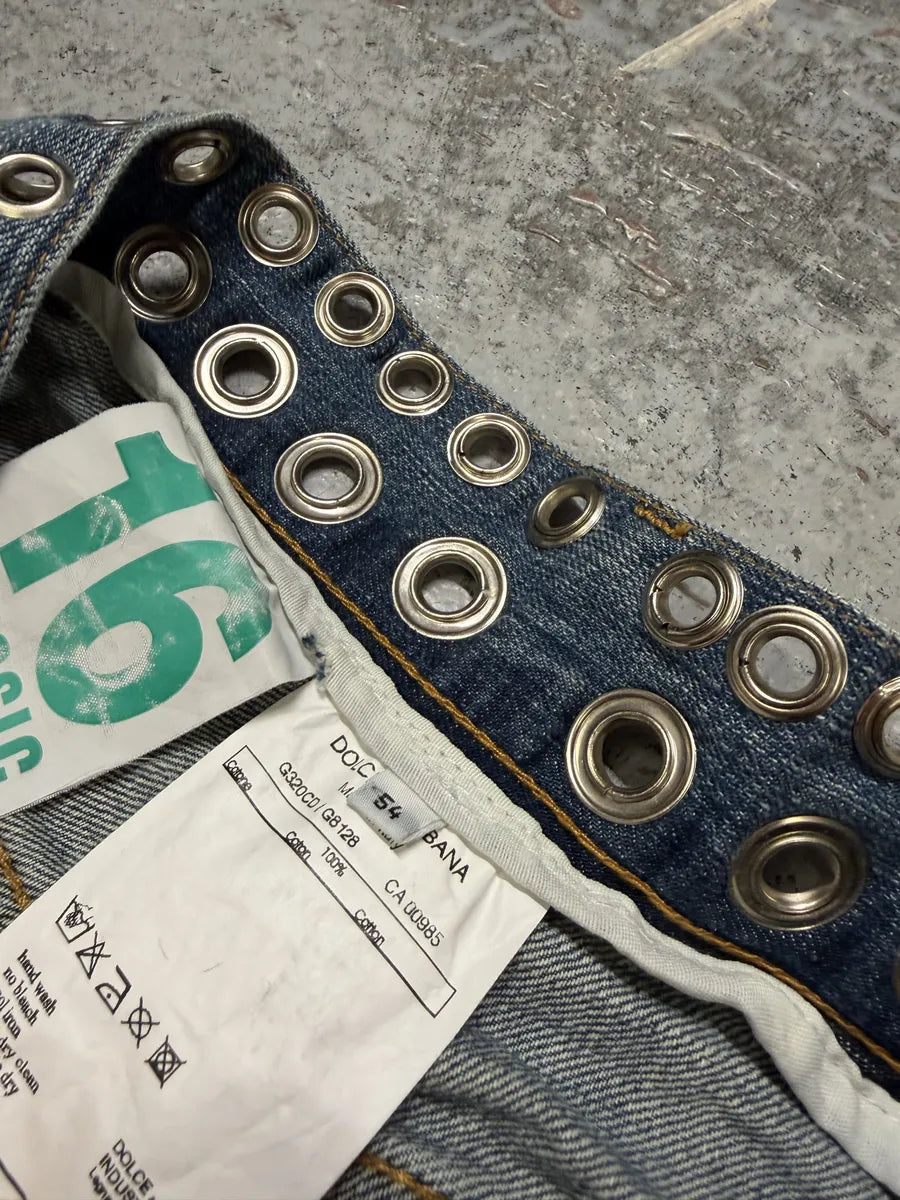 SS2006 Dolce & Gabbana Eyelet Distressed Blue Denim Jeans JMQvqcC 8