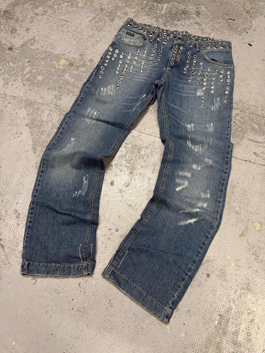 SS2006 Dolce & Gabbana Eyelet Distressed Blue Denim Jeans JMQvqcC 9