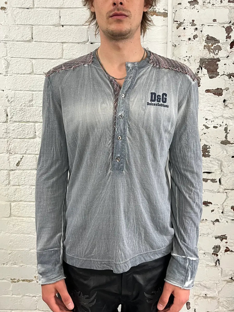 SS2006 Dolce & Gabbana Faded Distressed Grey Henley Longsleeve NTXohQy 0