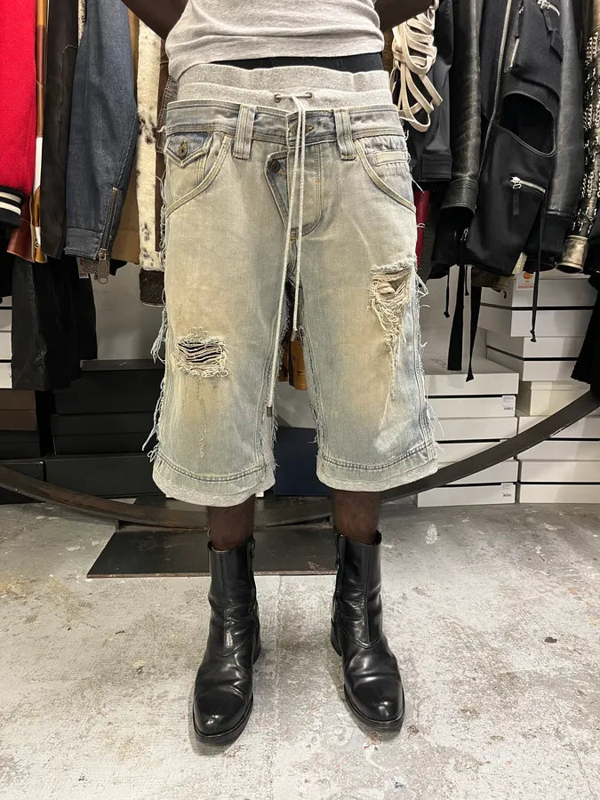 SS2006 Dolce & Gabbana Grey & Blue Hybrid Distressed Denim Shorts BGXXMQr 2