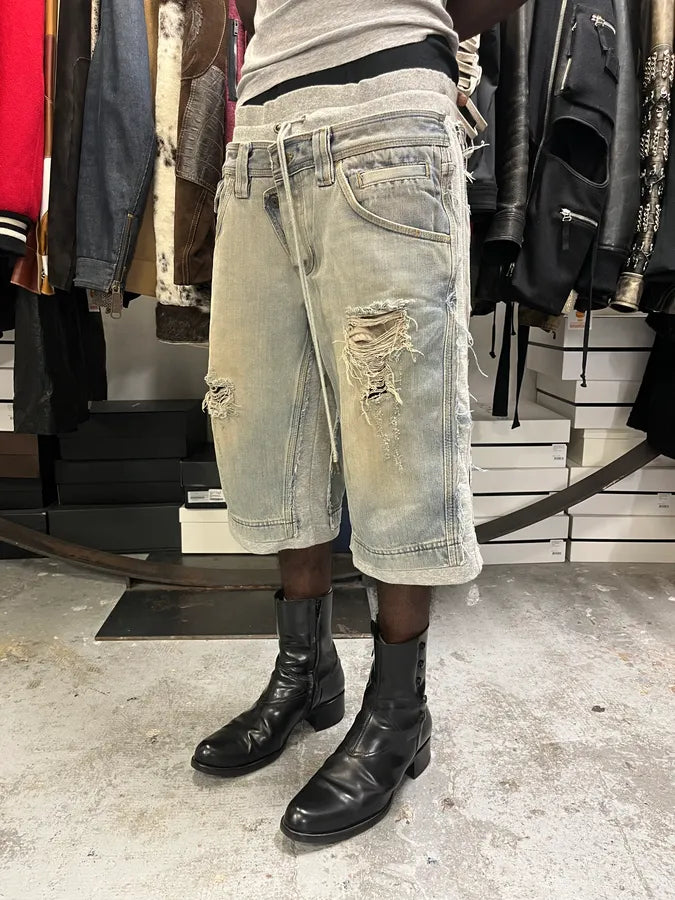 SS2006 Dolce & Gabbana Grey & Blue Hybrid Distressed Denim Shorts BGXXMQr 1