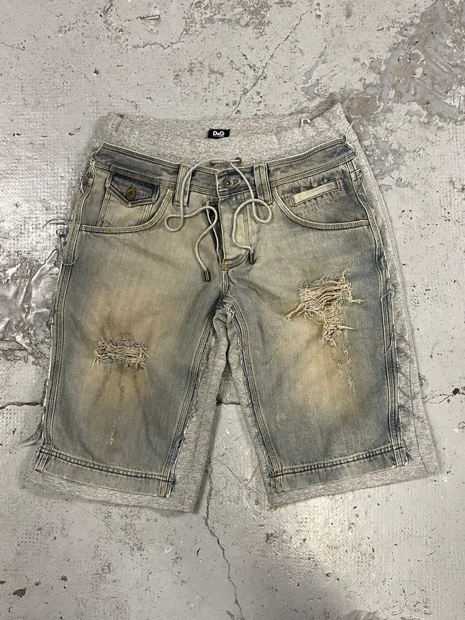 SS2006 Dolce & Gabbana Grey & Blue Hybrid Distressed Denim Shorts BGXXMQr 0
