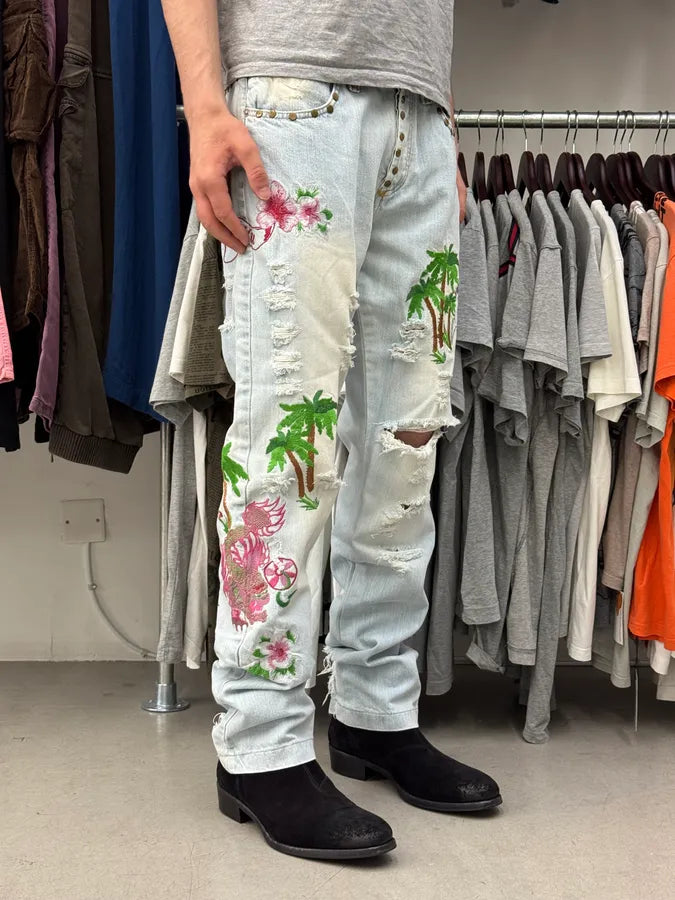 SS2006 Dolce & Gabbana Haiwai Honolulu Embroideries Distressed Denim Jeans xGAwiRL 2