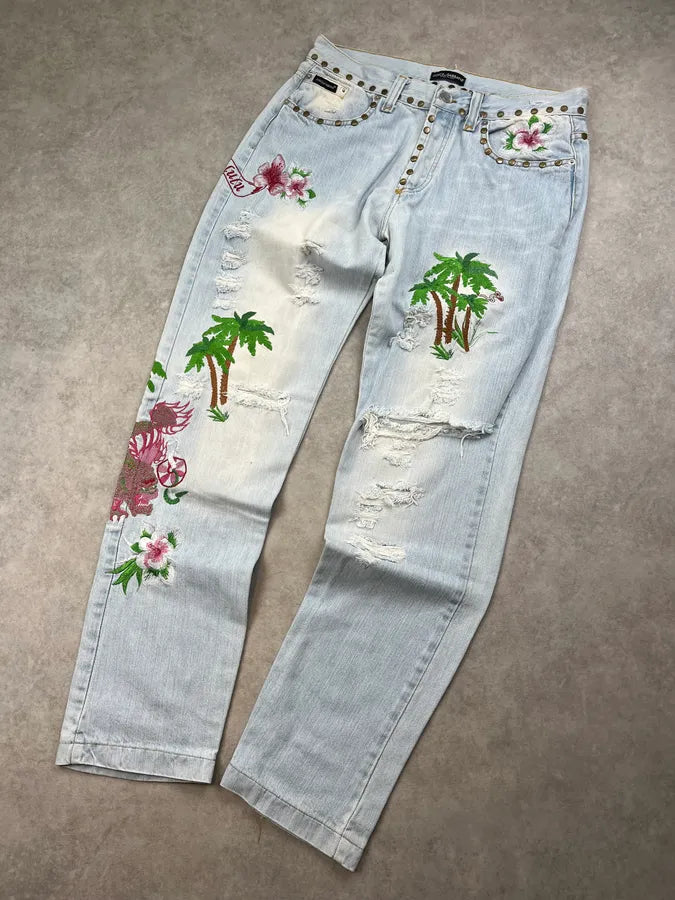 SS2006 Dolce & Gabbana Haiwai Honolulu Embroideries Distressed Denim Jeans xGAwiRL 4