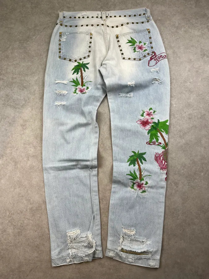SS2006 Dolce & Gabbana Haiwai Honolulu Embroideries Distressed Denim Jeans xGAwiRL 5