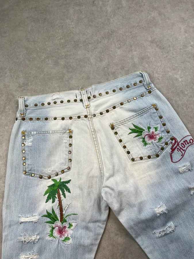 SS2006 Dolce & Gabbana Haiwai Honolulu Embroideries Distressed Denim Jeans xGAwiRL 6
