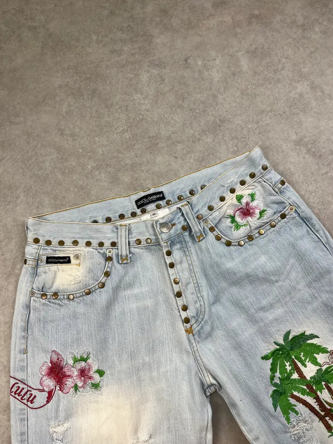 SS2006 Dolce & Gabbana Haiwai Honolulu Embroideries Distressed Denim Jeans xGAwiRL 8
