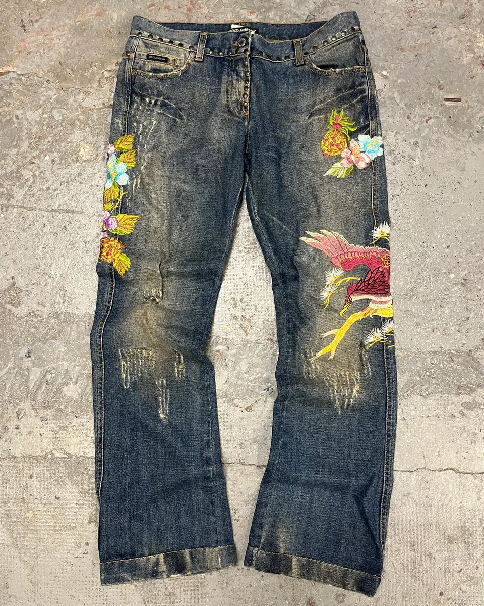 SS2006 Dolce & Gabbana Hawaii Embroidered Blue Denim Jeans (M) GgONCRS 0