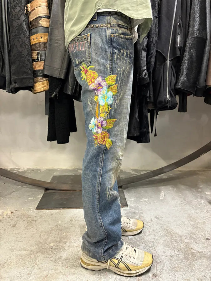SS2006 Dolce & Gabbana Hawaii Embroidered Blue Denim Jeans (M) GgONCRS 2