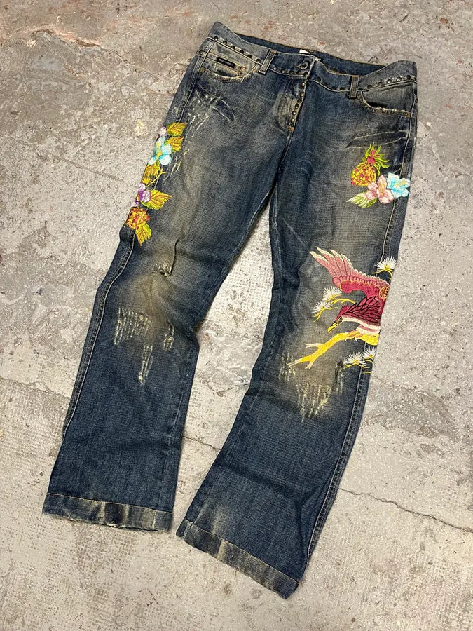 SS2006 Dolce & Gabbana Hawaii Embroidered Blue Denim Jeans (M) GgONCRS 4