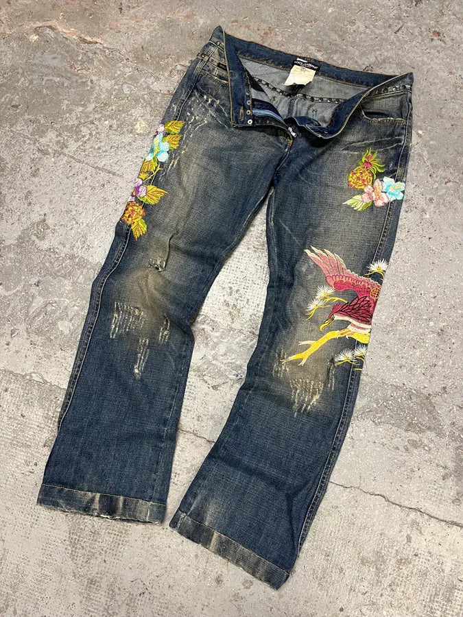 SS2006 Dolce & Gabbana Hawaii Embroidered Blue Denim Jeans (M) GgONCRS 5