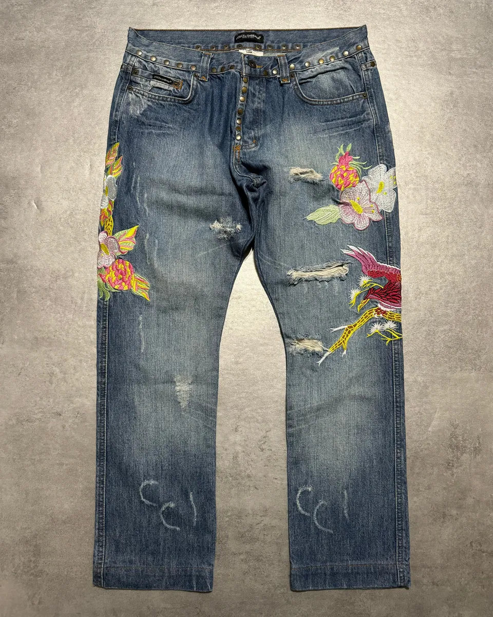 SS2006 Dolce & Gabbana Hawaii Embroidered Denim Jeans (M/L) KvhXSSy 0