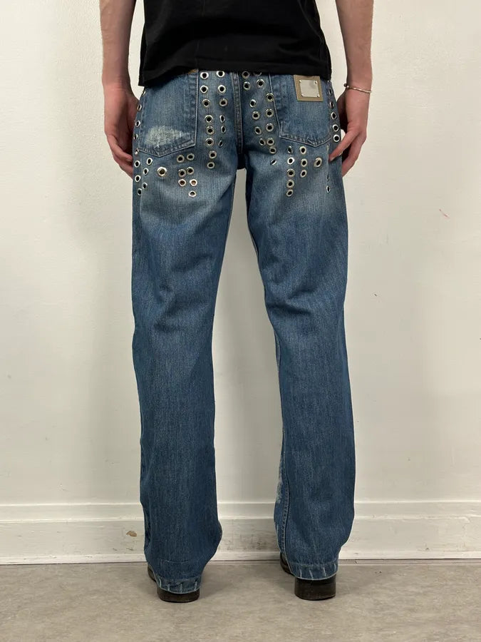 SS2006 Dolce & Gabbana Navy Denim Eyelet Distressed Jeans lBzXFoY 4