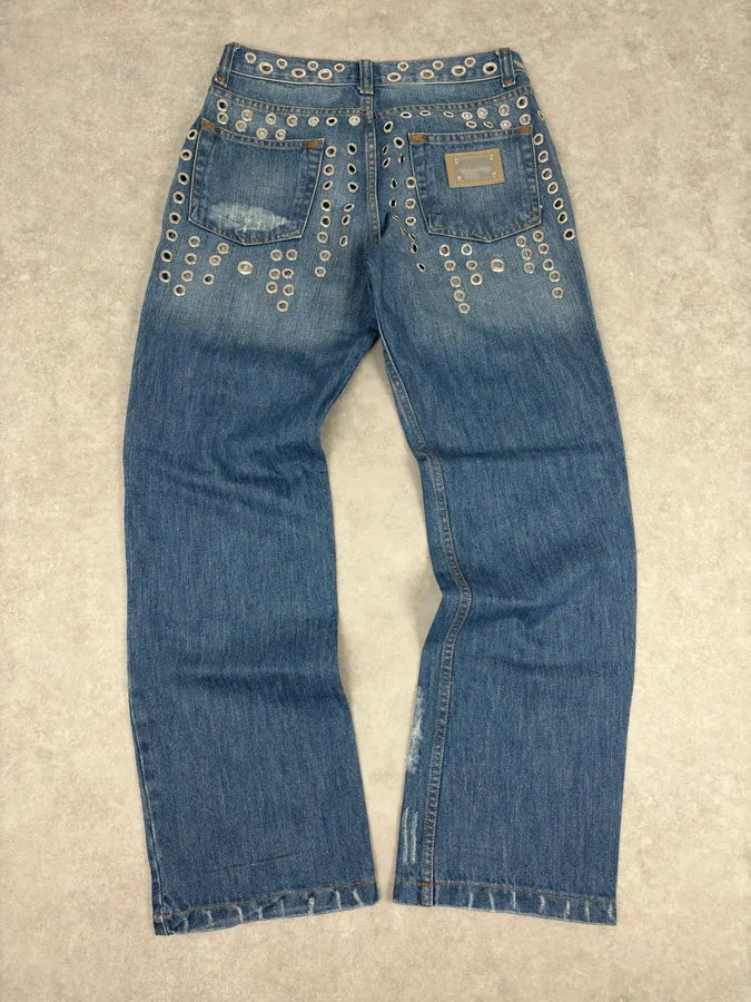 SS2006 Dolce & Gabbana Navy Denim Eyelet Distressed Jeans lBzXFoY 6