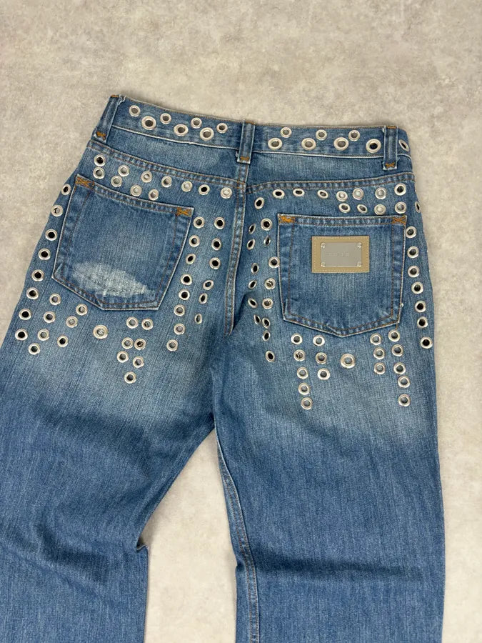 SS2006 Dolce & Gabbana Navy Denim Eyelet Distressed Jeans lBzXFoY 7