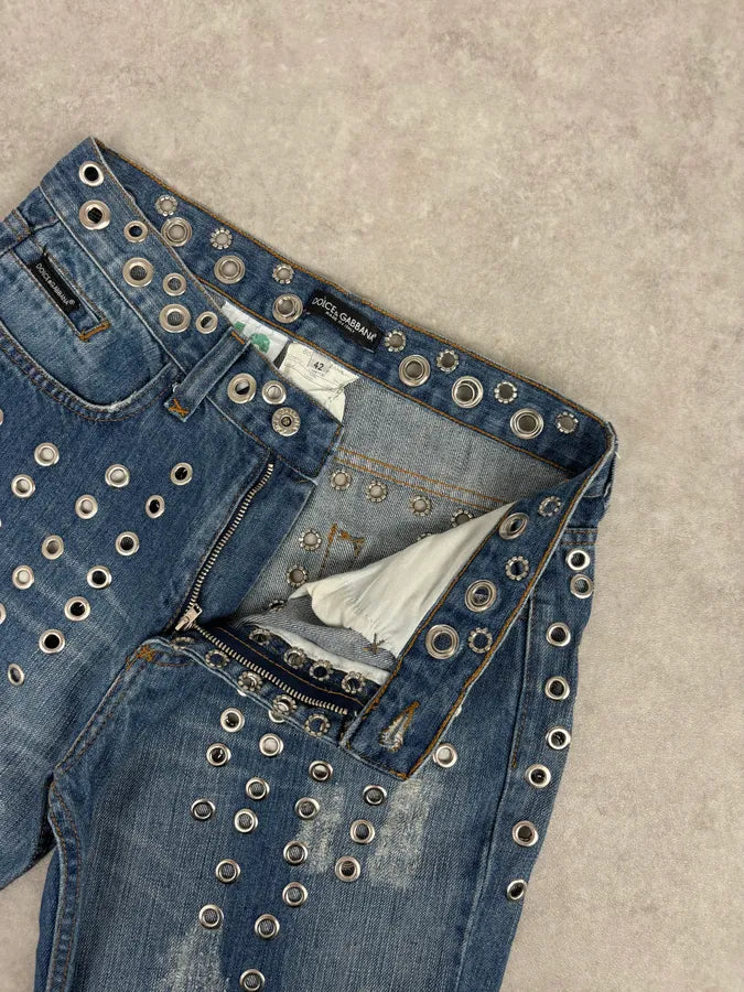 SS2006 Dolce & Gabbana Navy Denim Eyelet Distressed Jeans lBzXFoY 9