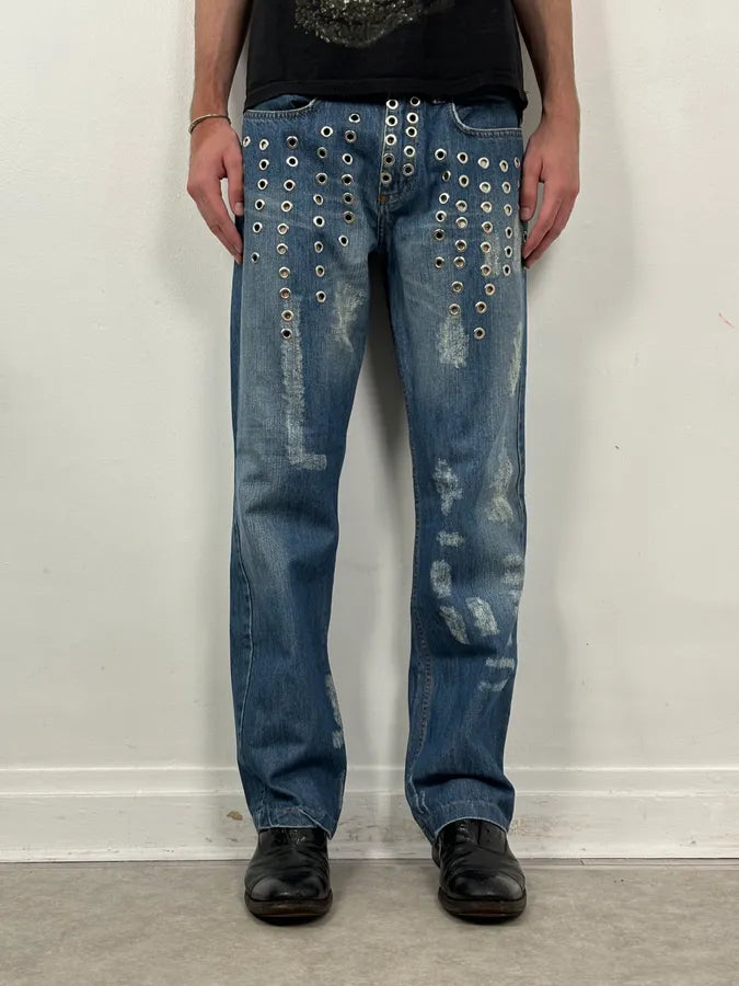 SS2006 Dolce & Gabbana Navy Denim Eyelet Distressed Jeans lBzXFoY 2