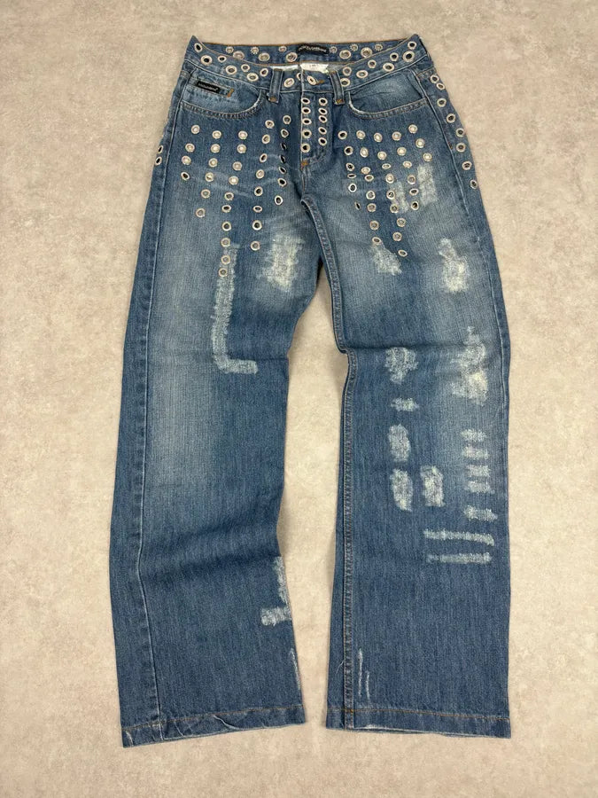 SS2006 Dolce & Gabbana Navy Denim Eyelet Distressed Jeans lBzXFoY 0