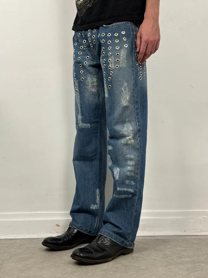 SS2006 Dolce & Gabbana Navy Denim Eyelet Distressed Jeans lBzXFoY 3