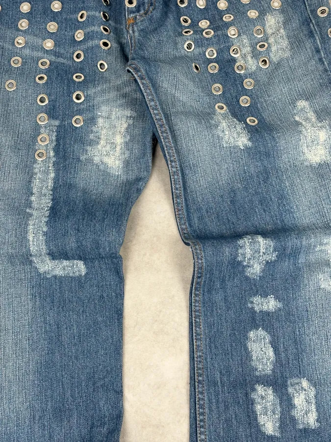 SS2006 Dolce & Gabbana Navy Denim Eyelet Distressed Jeans lBzXFoY 10
