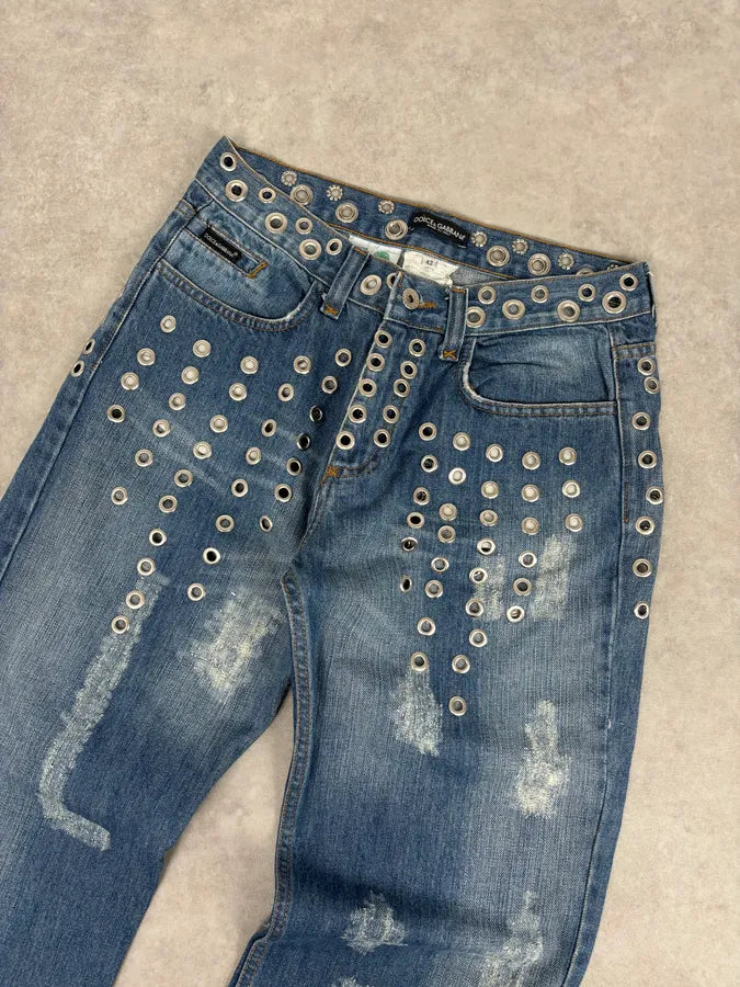 SS2006 Dolce & Gabbana Navy Denim Eyelet Distressed Jeans lBzXFoY 5