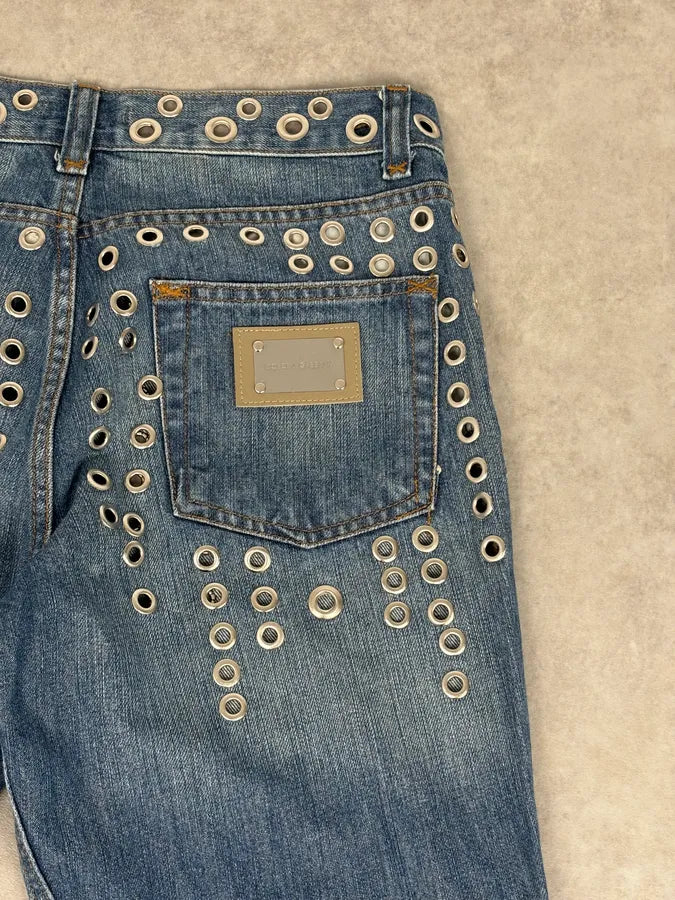SS2006 Dolce & Gabbana Navy Denim Eyelet Distressed Jeans lBzXFoY 8