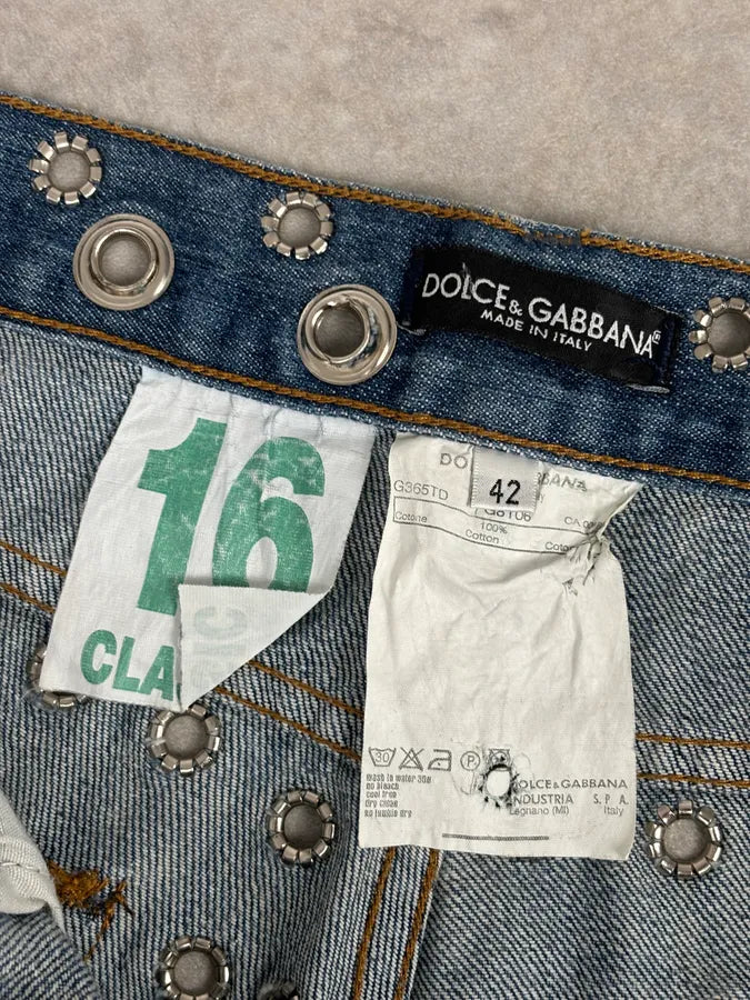 SS2006 Dolce & Gabbana Navy Denim Eyelet Distressed Jeans lBzXFoY 11