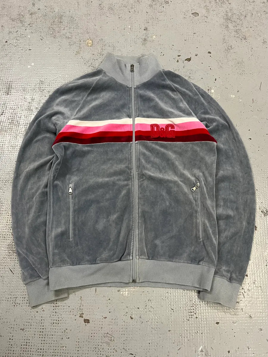 SS2006 Dolce & Gabbana Pink Stripe Velvet Grey Tracksuit Jacket xDRfVbL 0
